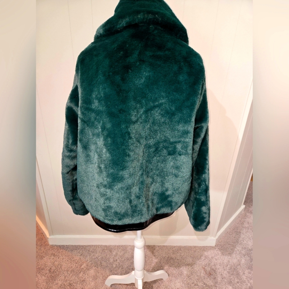 Anthropologie Maeve Green Faux Fur Jacket with patent leather trim. NWOT